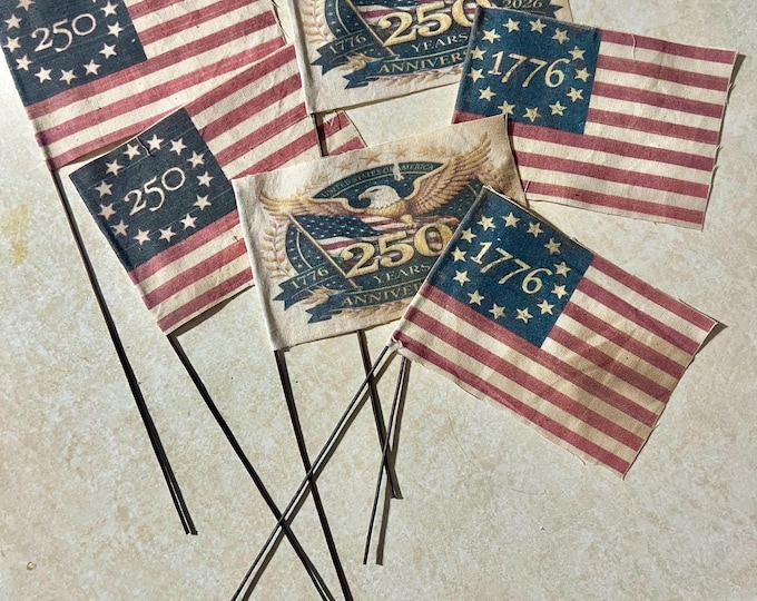 CUSTOM small Primitive Americana Flags Set, Tea Stained Grungy Mini, 250th Anniversary (Set of 6)