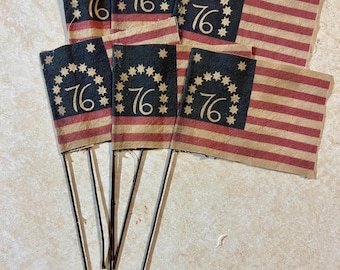 Tea stained grungy primitive Americana flags 2-1/2”x3-1/2” flag, set of 6 flags, 6” long