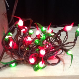 May include: A string of Christmas lights with red and green bulbs. The lights are tangled together and are lit up.