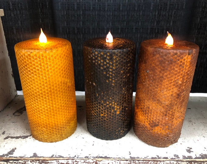 3x6” honeycomb battery operated TIMER  candle, Raggedy JUnction