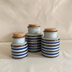Könnte beinhalten: Drei Keramik-Gläser mit Korkdeckeln. Die Gläser sind weiß mit braunen und blauen Streifen.