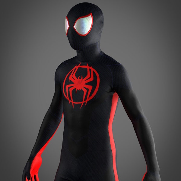 Spider-Man cucito/colorante sottomodello Miles Morales attraverso la tuta cosplay maschile del supereroe Spider-Verse