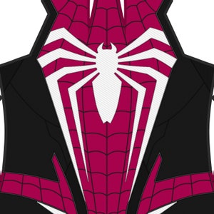 May include: A close-up of a black and red spider-man costume with a white spider logo on the chest.
