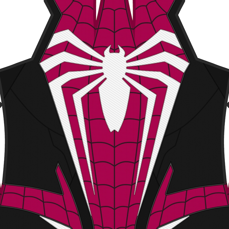 May include: A close-up of a black and red spider-man costume with a white spider logo on the chest.