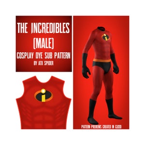 May include: A digital illustration of a red and black superhero costume with a large letter "I" on the chest. The text "THE INCREDIBLES (MALE) COSPLAY DYE SUB PATTERN BY ATX SPIDER" is at the top of the image. The text "PATTERN PREVIEWS CREATED IN CLO3D" is at the bottom of the image.