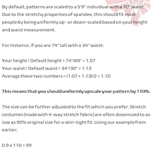 May include: Sizing guide for stretchy fabric patterns, explaining how to adjust the size based on height and waist measurements. The guide uses the example of a 74-inch tall person with a 34-inch waist, showing how to calculate the scaling factor and adjust the pattern size.