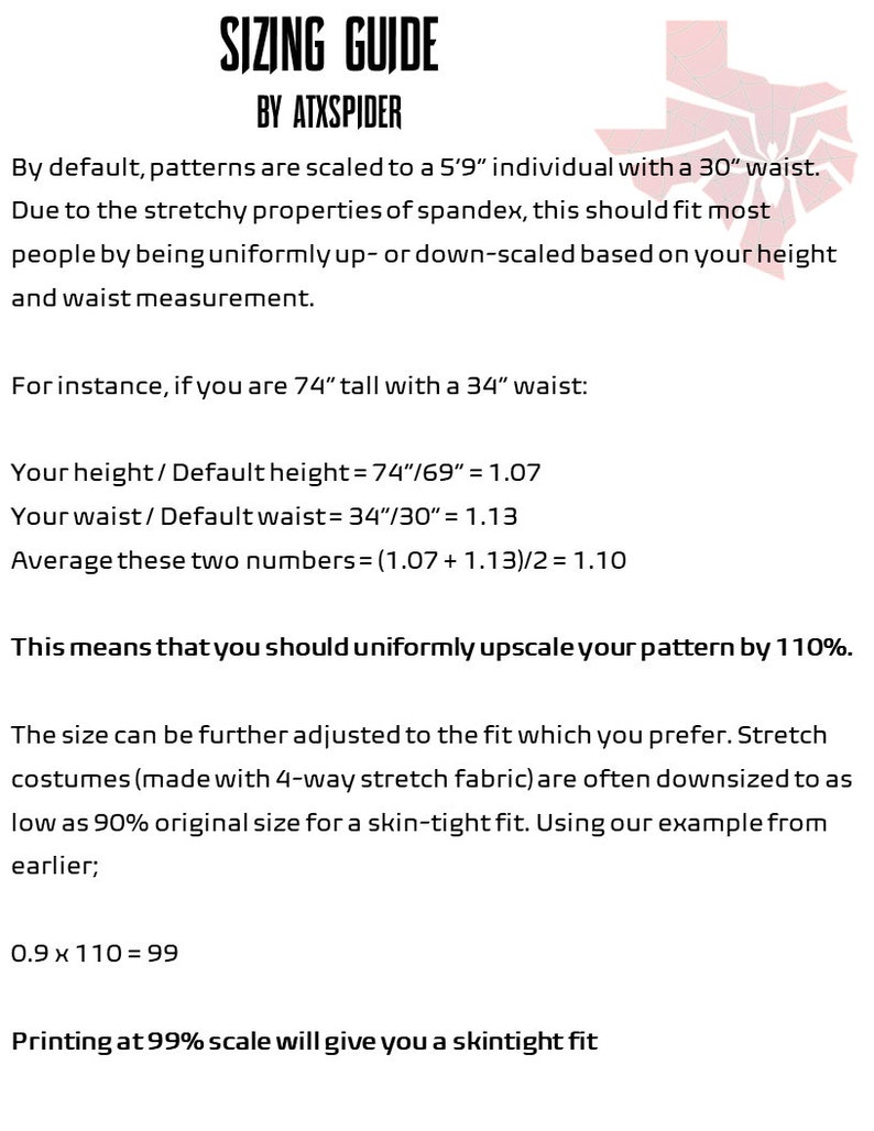May include: Sizing guide for stretchy fabric patterns, explaining how to adjust the size based on height and waist measurements. The guide uses the example of a 74-inch tall person with a 34-inch waist, showing how to calculate the scaling factor and adjust the pattern size.