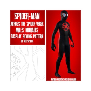 May include: A black and red Spider-Man costume sewing pattern for Miles Morales from the movie Spider-Man: Across the Spider-Verse. The pattern is shown on a 3D model of the character.