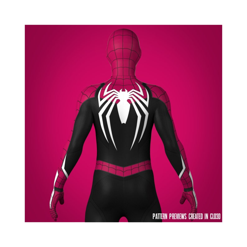 May include: A black and pink Spiderman costume with a white spider logo on the back. The costume is shown from the back.