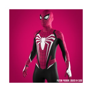 May include: A pink and black Spider-Man costume with a white spider logo on the chest. The costume has a black spider web design on the arms and legs. The costume is against a pink background. "PATTERN PREVIEWS CREATED IN CLO3D" is written at the bottom of the image.