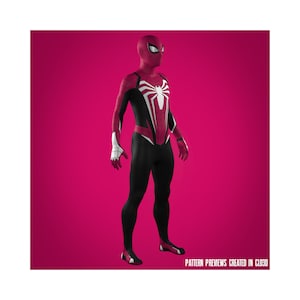 May include: A red and black Spider-Man costume with a white spider logo on the chest. The costume is standing on a pink background.  PATTERN PREVIEWS CREATED IN CLO3D