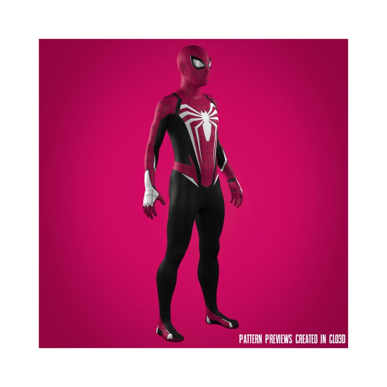 May include: A red and black Spider-Man costume with a white spider logo on the chest. The costume is standing on a pink background.  PATTERN PREVIEWS CREATED IN CLO3D