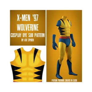 May include: A digital illustration of a yellow and black costume pattern for a Wolverine cosplay. The pattern is labeled "X-Men '97 Wolverine Cosplay Dye Sub Pattern by ATX Spider".