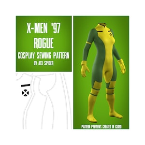 May include: A sewing pattern for a green and yellow costume inspired by the X-Men '97 animated series character Rogue. The pattern includes a close-up of the back of the costume.