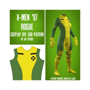 Puede incluir: Una ilustración digital de un diseño de disfraz verde y amarillo para un personaje de superhéroe. El diseño está etiquetado como "X-Men '97 Rogue Cosplay Dye Sub Pattern by ATX Spider".