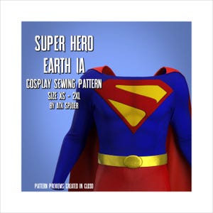 May include: A blue and red superhero costume with a yellow emblem on the chest. The costume includes a red cape and a gold belt. Text on the image reads "SUPER HERO EARTH IA COSPLAY SEWING PATTERN SIZE XS - 2XL BY ATX SPIDER".