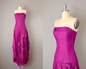 1980 s Strapless Magenta Parachute Silk Dress w Tiered Handkerchief Skirt Size Small Medium