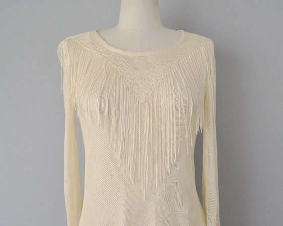 1970s Fringed Dress / Asymmetrical Ivory Slip Dre… - image 2