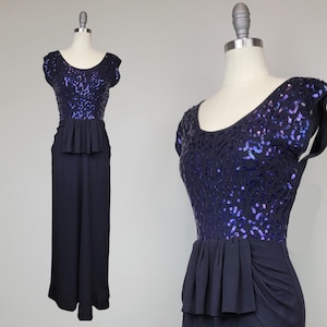 1940s Gown / Purple Sequined Dress / Black Crepe Gown with Purple Sequins / 1940s Evening Dress / Dress with Peplum / Size Small