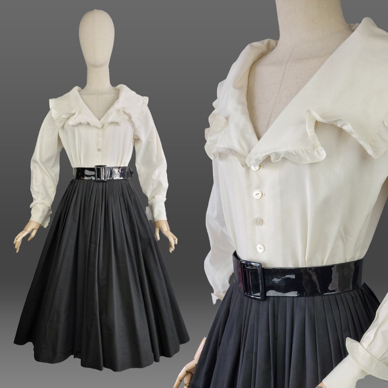1960s Dress / 1960s Anne Klein Black and White Dress with Patent Leather Belt / B & W Dress / 1960s Day Dress / 1960s Party Dress / Small image 1