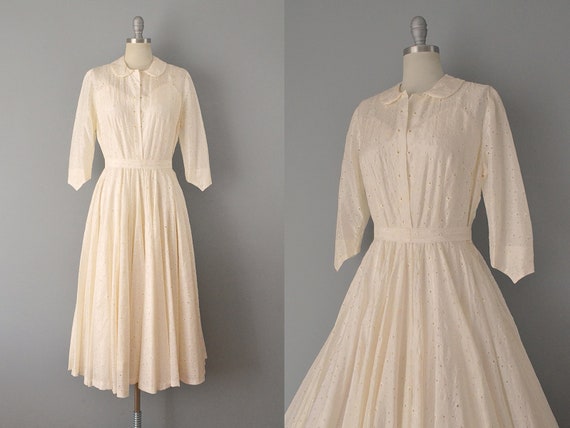 1950s Eyelet Wedding Dress / 50s Ivory Silk Eyele… - image 10