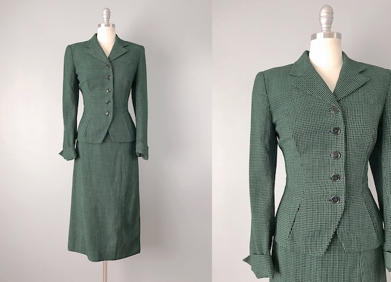 1950s Suit // Black & Green Window Pane Plaid Suit