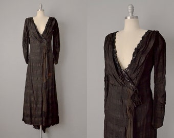 1800s Silk Dress / Victorian Black Silk Dress with Sequins & Jet Beads / Size Medium