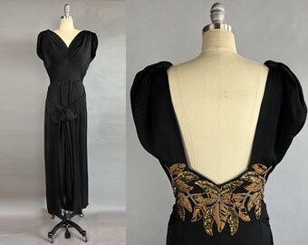 1930s Evening Gown / 1930s Backless Crepe Gown with Rhinestones & Metal Embroidery / Size Medium Size Large