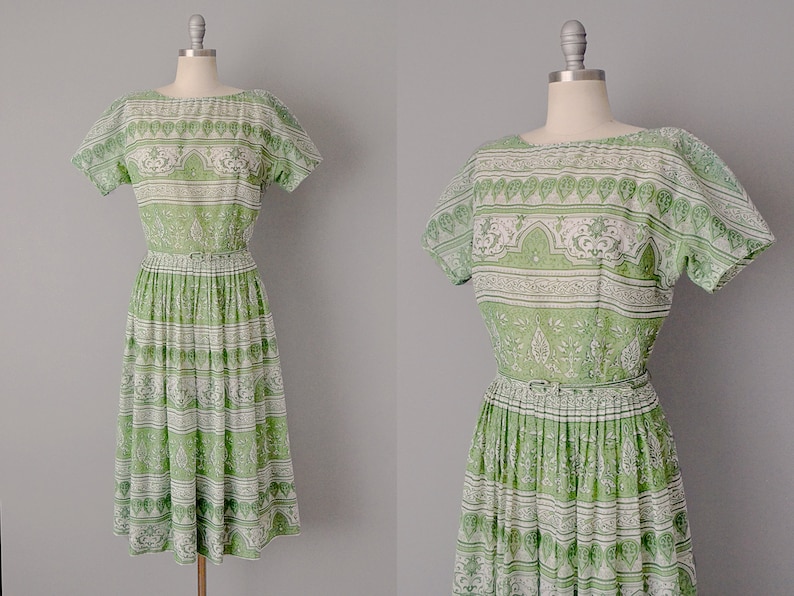50/% OFF SALE 1950s L/'Aiglon Green Print Dress Size Medium Large