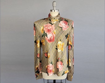 1980s Blouse /1980s Ellen Tracy Floral and Houndstooth Print Silk Satin Blouse / Size Medium Size Large