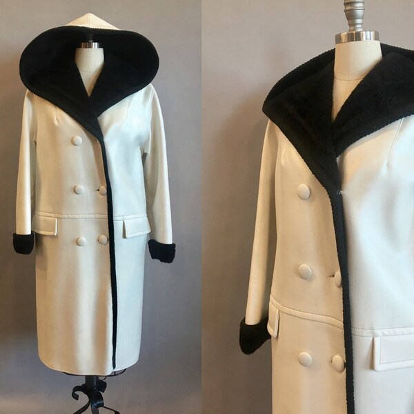 1960s Hooded Coat / 60s Black and White Coat / Leatherette Coat / Size Medium Large