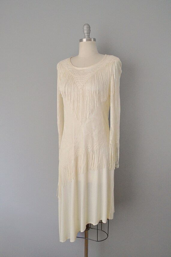 1970s Fringed Dress / Asymmetrical Ivory Slip Dre… - image 4