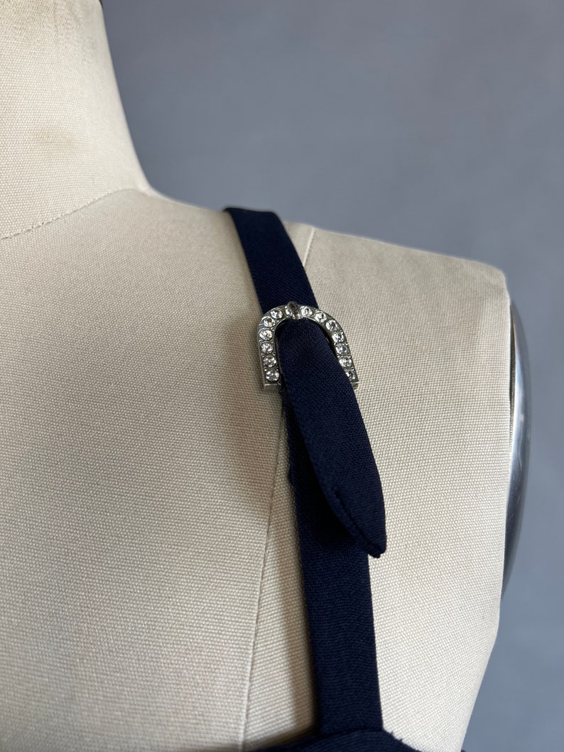 1960s Column Dress / Nina Ricci Navy Blue Silk Crepe Dress with Rhinestone Buckele / Size Small image 2