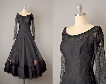 1950s Evening Gown / 1950s Ballgown / Black Lace Gown / 1950s Evening Dress / !950s Party Dress / Size Small