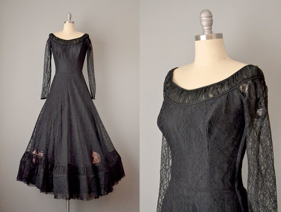 1950s Evening Gown / 1950s Ballgown / Black Lace … - image 1