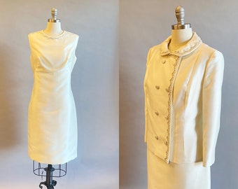 1960's Ivory Suit / 60's Sheath Dress and Matching Jacket / Short Wedding Dress / Silk and Mohair Dress Set / Size Large/ Size XL