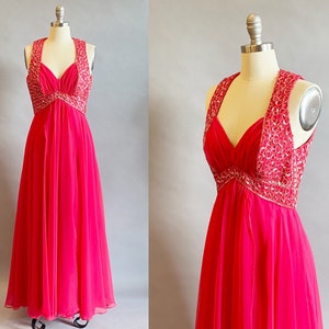 1960&#39;s Fuchsia Chiffon Gown / 60&#39;s Chiffon and Sequin Dress / Size Medium