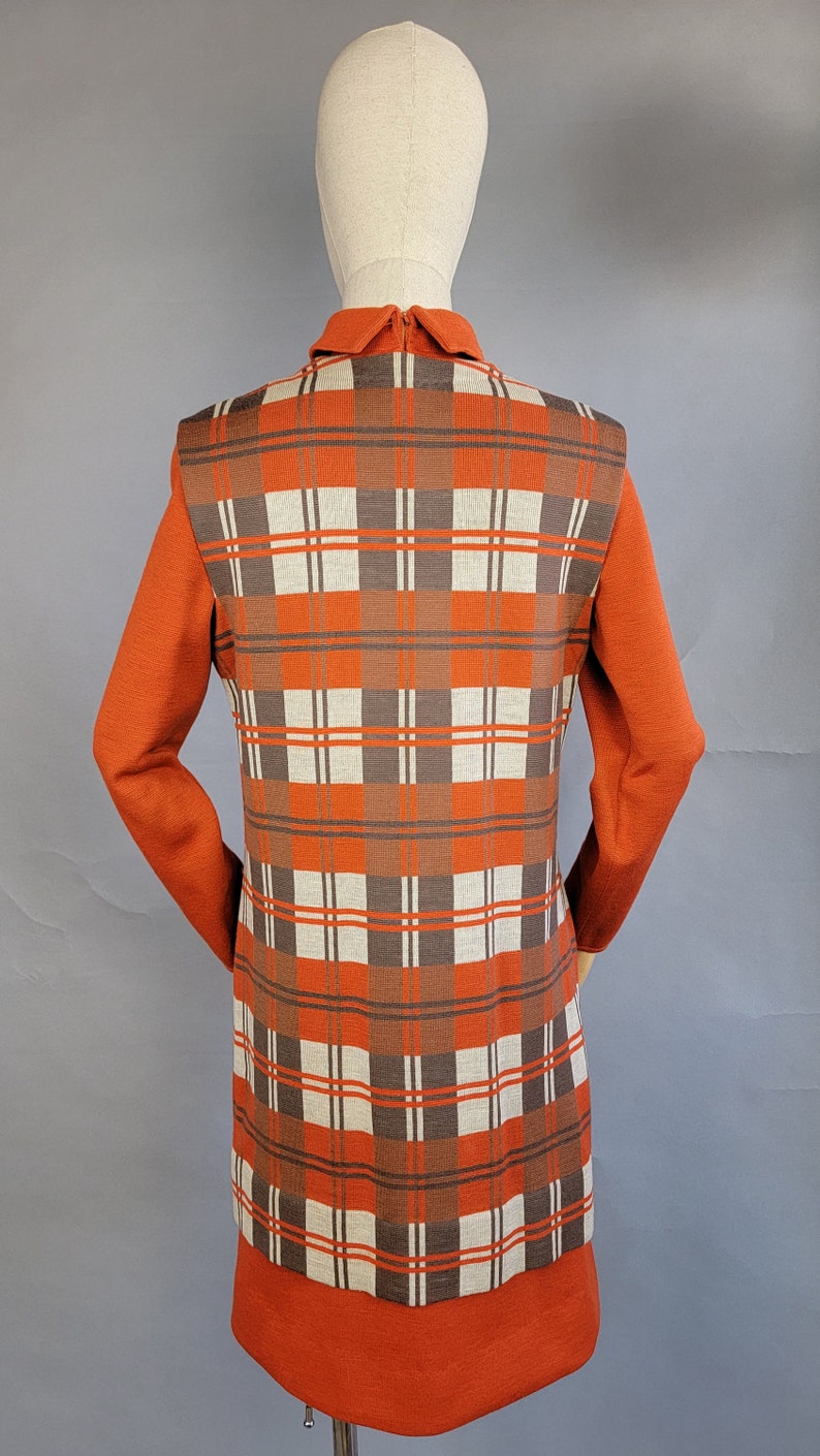 1960s Dress Set / Italian Knit / Burnt Orange Plaid Dress Set /Dress and Long Vest / 1960s Orange Dress / 1960s Plaid Dress / Size Large image 3