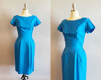 1950s French Blue Party Dress / Bateau Blue Satin Neckline Dress / Size Small