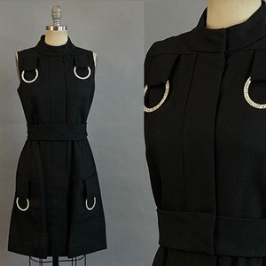 1960s Cocktail Dress / 1960s Mod Dress / Black Cotton Dress With Large Hanging Rhinestone Rings / Size Small