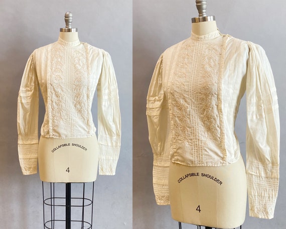 Victorian Blouse / Embroidered Victorian Blouse / White Cotton Victorian Blouse / Size Medium