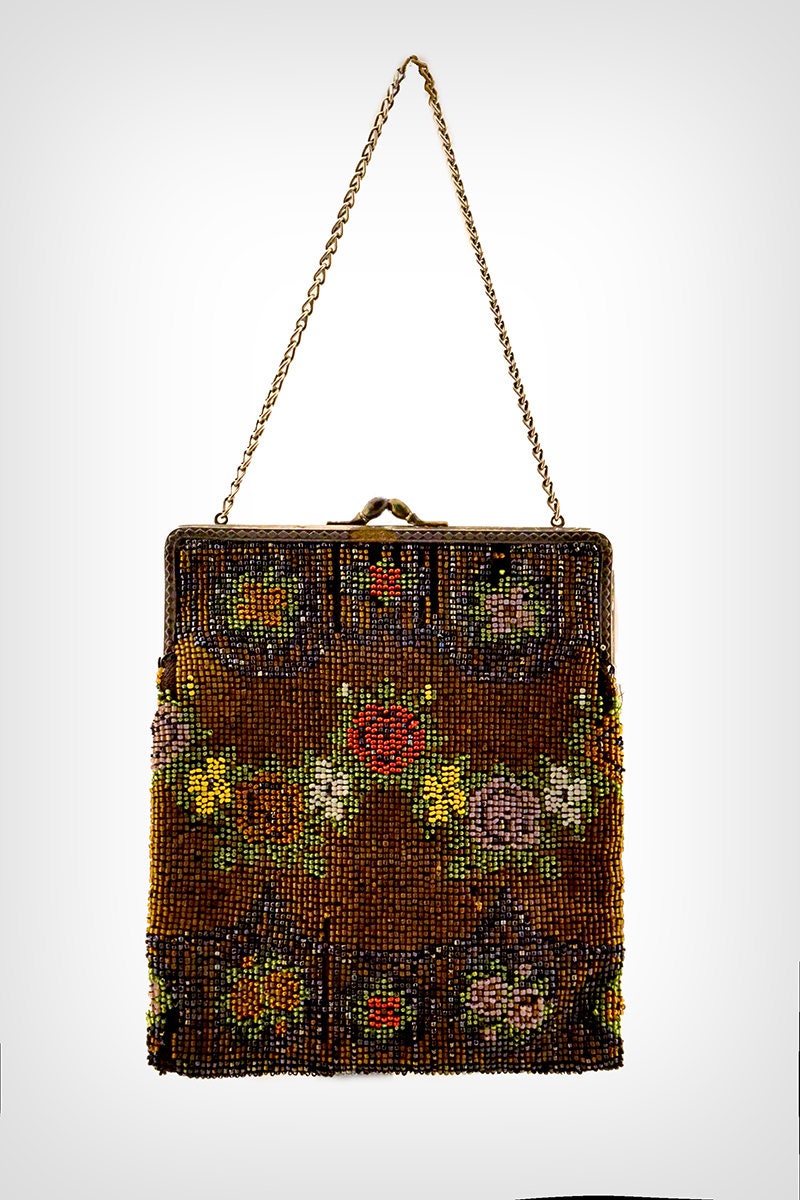 Teens Purse // Early 1910s Brown Glass Beaded Floral Bag // | Etsy