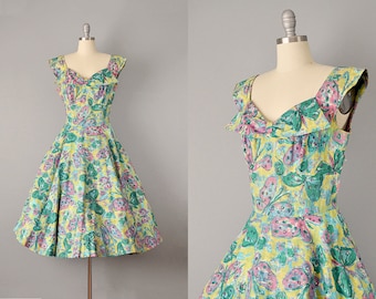 50s Dress // 1950s “Alix of Miami” Green Butterfly Dress w/ All-Over Rhinestones // M