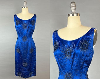 1950s Beaded Dress / 1950s Cobalt Blue Beaded Silk Satin Cocktail Dress / 1950s Bombshell Dress / Carnival Beads / Size Medium