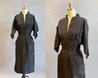 1950s Black Silk Dress / Samuel Winston Dress / Dior New Look Style Dress / 1950's Cocktail Dress / Size XS Extra Small