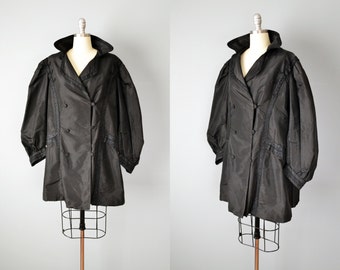 Victorian Black Silk Taffeta Double Breasted Jacket // Large