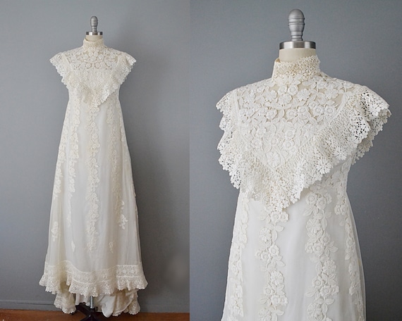 1970s Lace Wedding Dress / White Lace and Organdy… - image 1