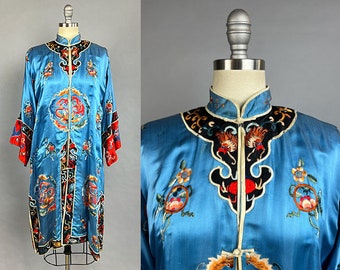 Antique Bai Hua / Hand-Embrioidered Chinese Silk Robe / Chinese Embroidered Jacket / Size Small Medium