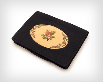 1930s Black Silk Faille Clutch with Needlepoint Roses