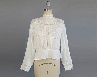 Edwardian White Blouse / Gibson Girl Blouse / Embroidered White Cotton Blouse with Lace & Pintucking / Size Large